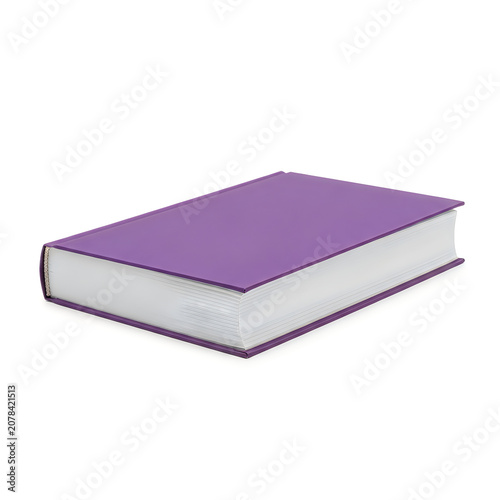 Single purple book lying flat on a surface isolated on white background