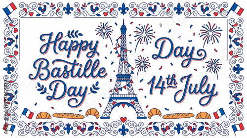 Celebratory french day poster with eiffel tower croissants Fête de la Bastille _ Le 14 Juillet _