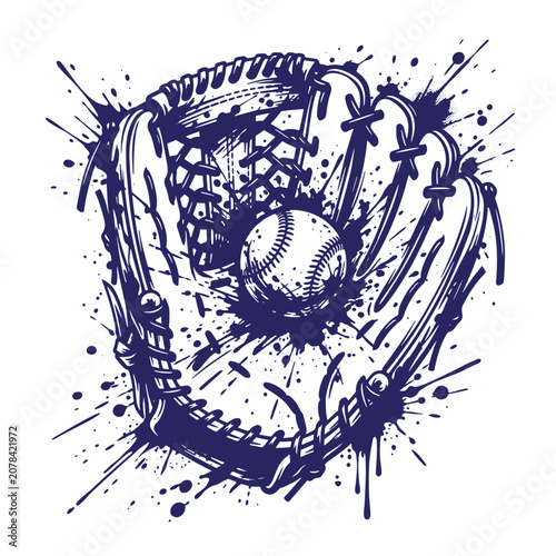 Baseball glove holding a ball with dark blue ink splatter effect on at-shirt poster white background, isolated for sports branding and team detailed leather texture and stitching