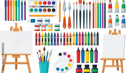 Flat Art Supplies Vector Set with Canvas Easel Watercolor Palette Paint Brushes Crayons and Markers for Creative Fine Arts Graphic Designs