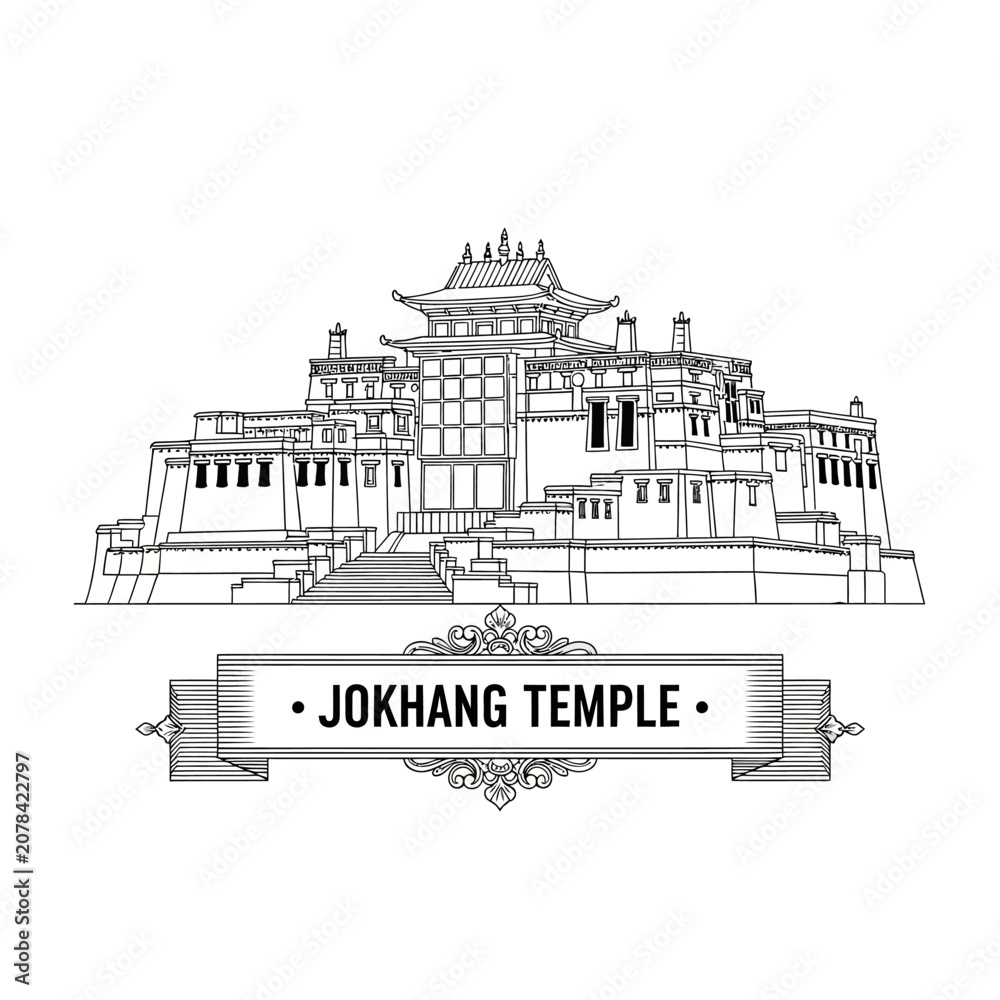 Obraz premium Jokhang Temple Outline Drawing - Lhasa, Tibet - Architectural Landmark