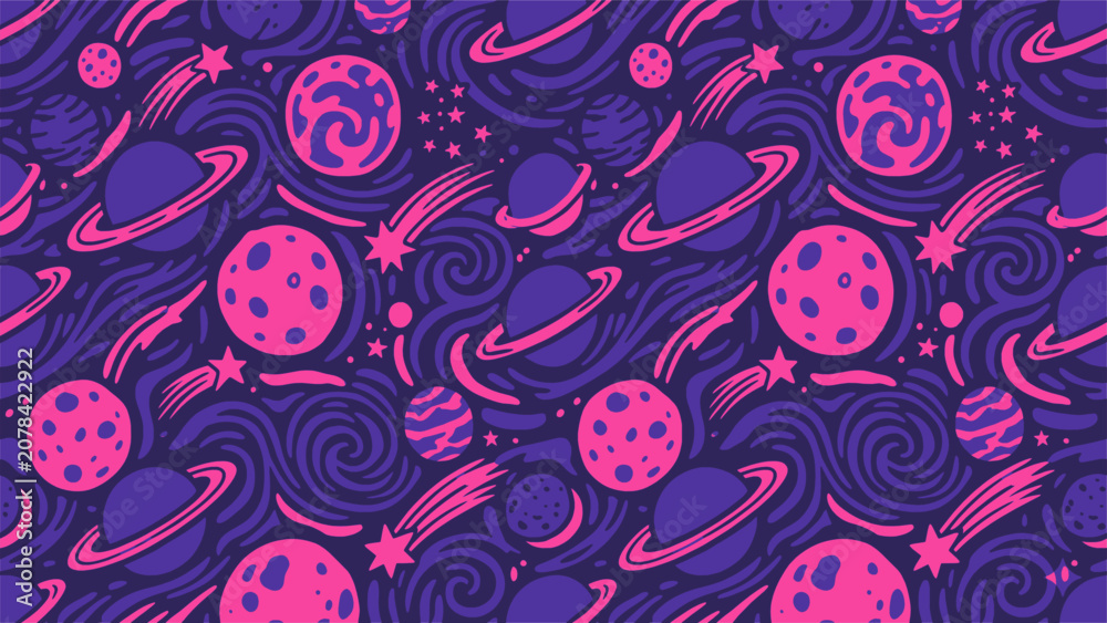 Fototapeta premium Colorful Space Galaxy Seamless Pattern with Planets