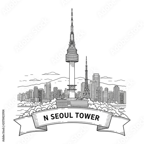 N Seoul Tower Landmark in South Korea, Cityscape Sketch Art