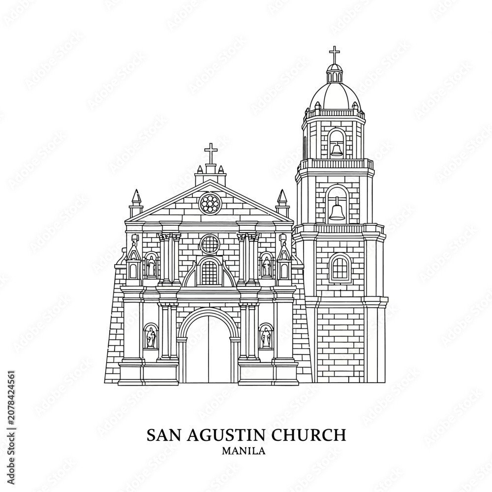 Obraz premium San Agustin Church Manila Line Art Illustration - UNESCO World Heritage Site