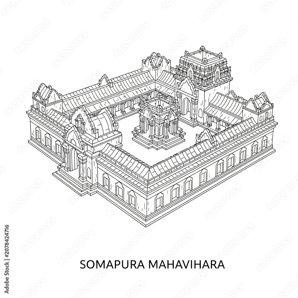 Obraz premium Somapura Mahavihara Ancient Monastery Architecture Blueprint Drawing Outline
