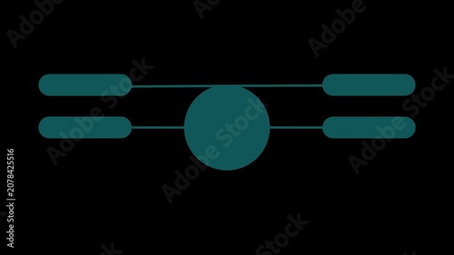 Abstract hub and connection interface with central node and linked elements on black background, data flow and network system animation. 4k