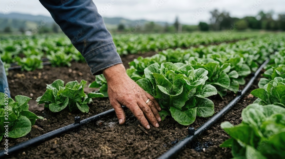 Fototapeta premium A farmer's hand touching a young green lettuce plant in a field with irrigation lines running through the dark soil on a cloudy spring day
