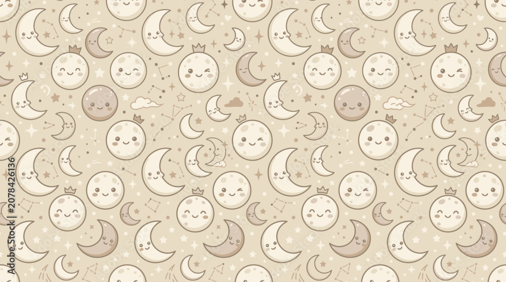 Fototapeta premium Cute Moon Pattern - Kawaii Celestial Background with Smiling Moons and Stars