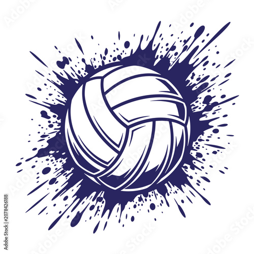 A dark blue ink splatter featuring a volleyball centered on a clean white background, showcasing dynamic paint drips and splashes radiating outward from the central t-shirt poster