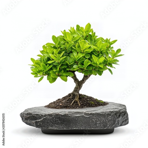 Green Bonsai Tree in Dark Gray Stone Pot on White Background
