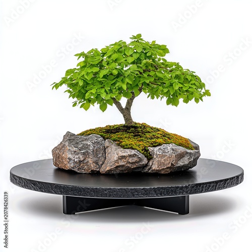 Green Bonsai Tree on Gray Rocks and Black Stand