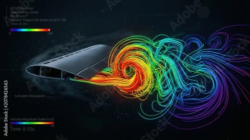Aerodynamic simulation showing airflow vortex around an aircraft wing cross-section