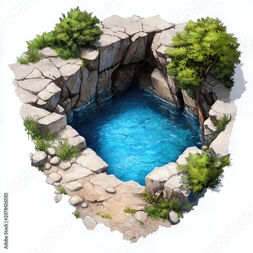 Isometric Illustration of a Turquoise Pool in a Rocky Crevice