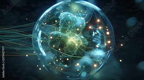 Abstract glowing microscopic cell structure with intricate network and particles.