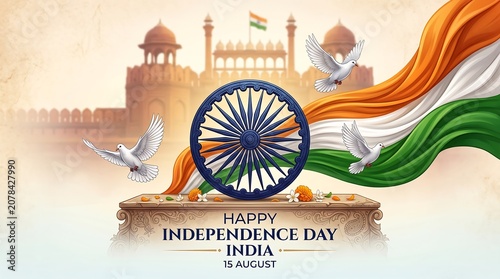 Happy independence day india banner with waving flag and chakra