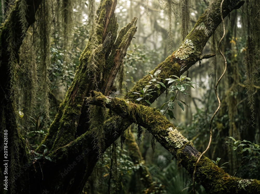 Fototapeta premium Lush Moss Covered Tree Trunks in a Mysterious Misty Rainforest Cloud Forest