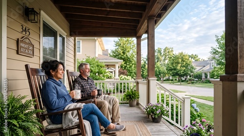 Diverse Parents Relaxing with Coffee on Porch, Parents' Day 2026