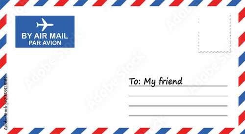 Air mail envelope with red and blue border, postal stationery design, blank postage stamp area, isolated