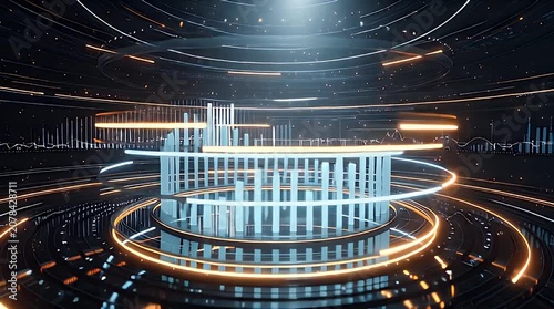 Futuristic Digital Display with Glowing Rings and Data Visualization in a Dark Environment.