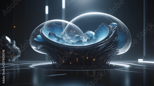 Refined futuristic seedlike structure featuring glowing blue translucent energy spheres in a dark sci-fi environment