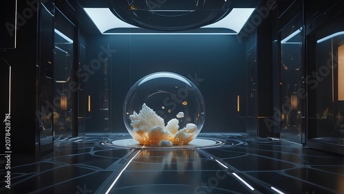 Refined Futuristic Seed-Like Structure Contained Within a Glass Dome in a High-Tech Sci-Fi Laboratory