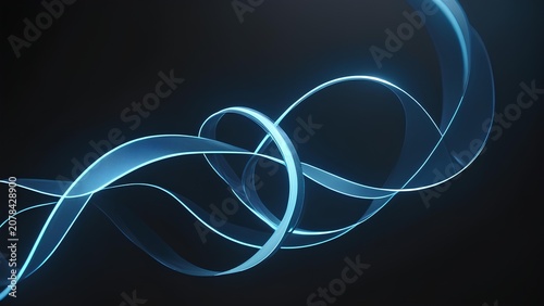 Elegant Floating Blue Glowing Ribbon With Soft Waves and Abstract Digital Light Trails on Dark Background