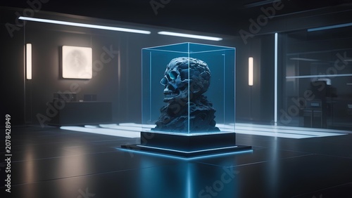 Dark Stone Skull Artifact Displayed Inside a Glowing Blue Translucent Neon Glass Cube in a Futuristic Minimalist Laboratory Interior