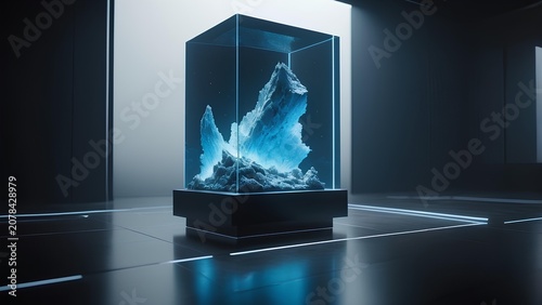 Futuristic display of a glowing, translucent crystalline structure on a pedestal in a modern, minimalist setting, illuminated by cool blue light