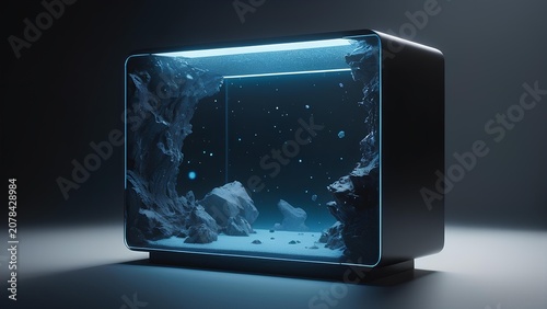 A futuristic, minimalist computer casing designed to resemble a floating monolith with an illuminated interior showcasing a rocky, star-filled environment