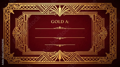 Ornate vintage gold frame on a deep red background with elegant decorative patterns and placeholder text 