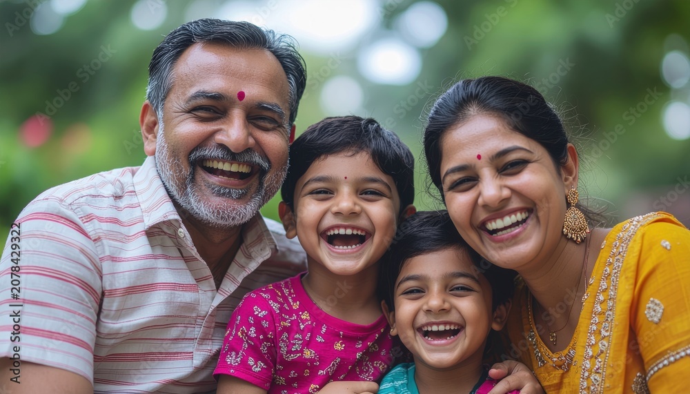 Fototapeta premium Happy Indian Family Portrait Outdoors Smiling Together.