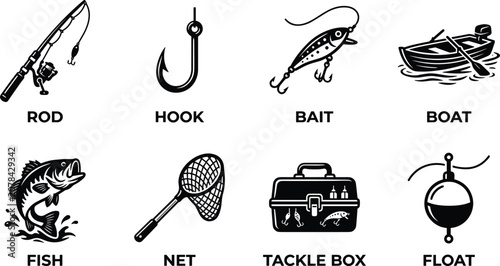 Fotografía Fishing hobby and angling icons set vector with rod hook bait boat fish net tack
