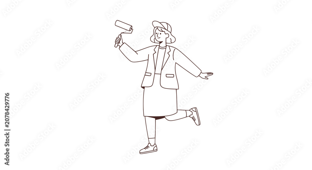 Obraz premium Woman Painting with Roller in Hand.