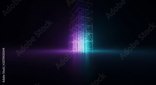 Abstract glowing neon grid structure, emitting vibrant purple and cyan light against a deep black background, suggesting a futuristic digital realm.