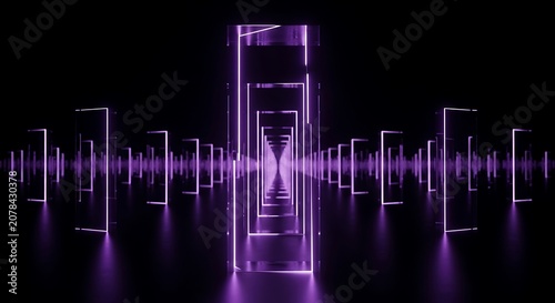 abstract long tunnel made of glowing purple neon rectangles, with reflections on a dark surface.