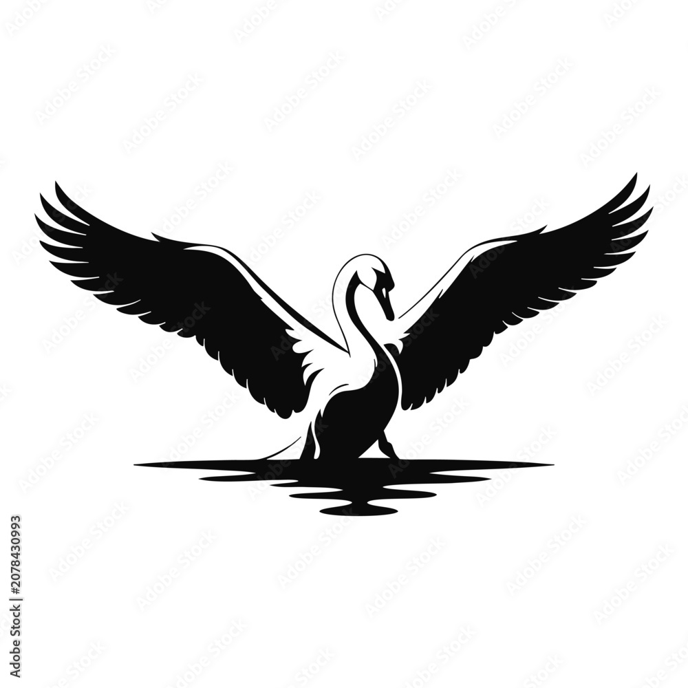 Fototapeta premium Majestic swan spreading wings on water silhouette vector design