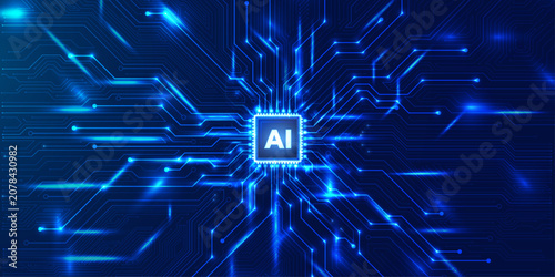 Canvas-taulu Central computer processor chip surrounded by glowing blue circuits on a dark background
