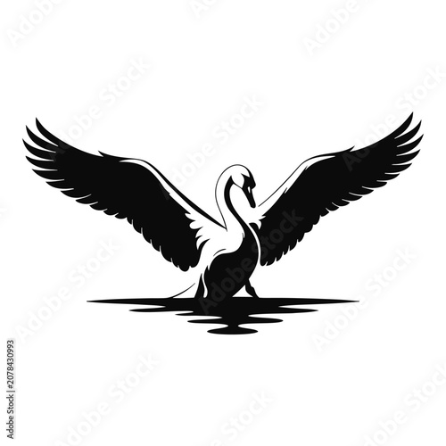 Majestic swan spreading wings on water silhouette vector design