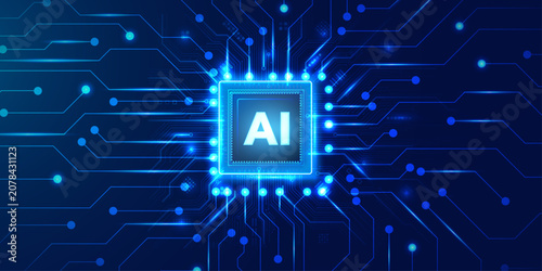Fotografia Central computer processor chip surrounded by glowing blue circuits on a dark background