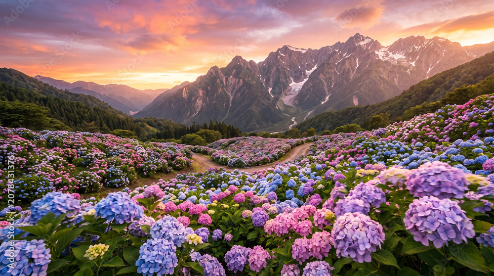 Fototapeta premium Endless blooming hydrangea flowers stretching across the foothills of a towering mountain at sunset.
