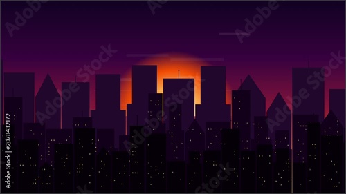 Minimalist City Skyline at Sunset with Glowing Lights