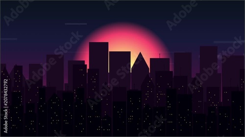 Retro Cityscape with Pink Sun at Dusk Animated Background