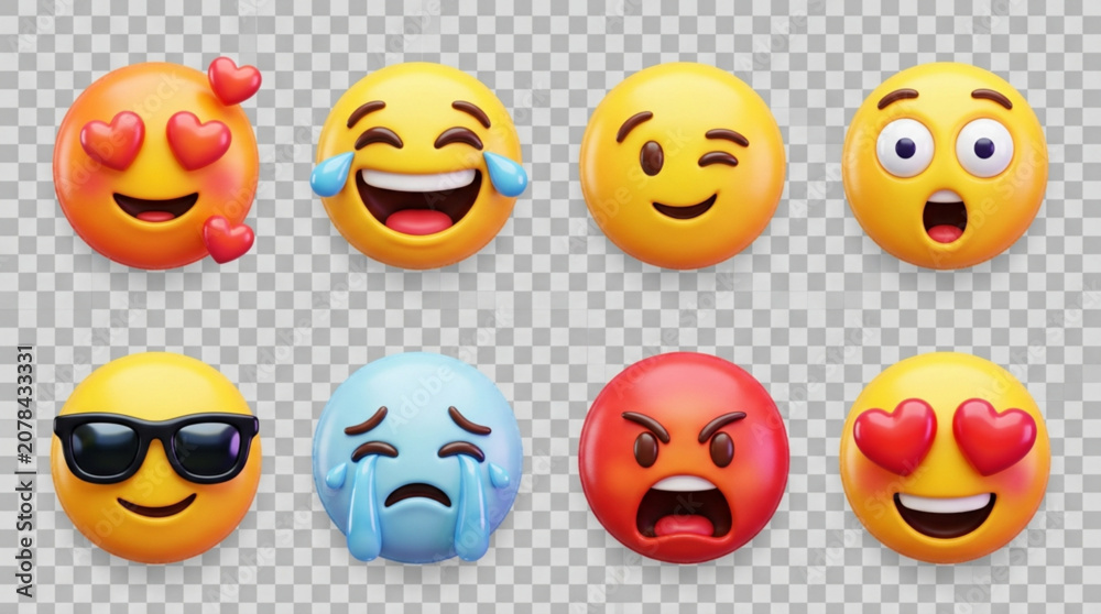 Fototapeta premium Set of colorful emoticon faces with various expressions on transparent background