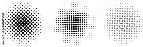 Three circular halftone patterns with varying dot densities and gradient effects
