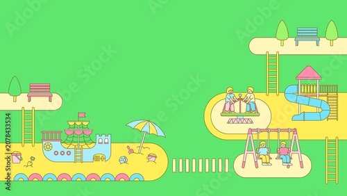 Foto Children's playground with colorful slide, swings, carousel, and sandpit elements in a cheerful flat design style on green background
