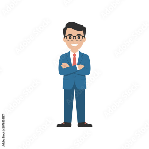 Smiling Businessman with Glasses Standing with Crossed Arms – Professional Corporate Office Worker Flat Vector Character Isolated on White Background