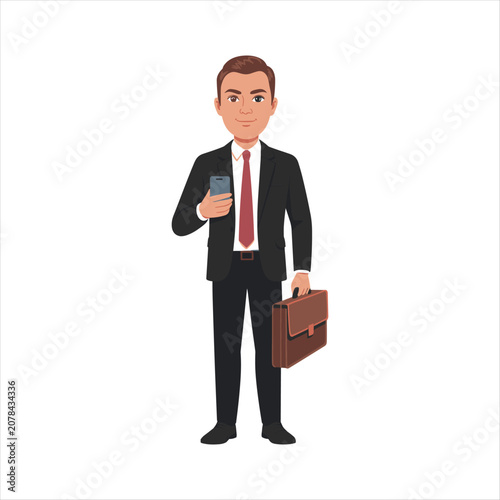 Professional Businessman Holding Briefcase with Confident Gesture Flat Vector Illustration Isolated on White Background