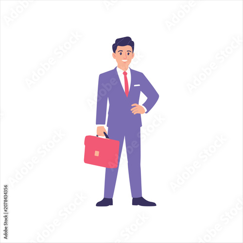Professional Businessman Holding Briefcase Standing Confidently Flat Vector Illustration Isolated on White Background