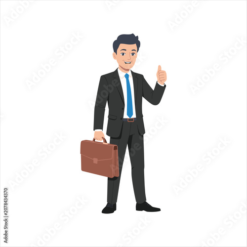 Professional Businessman Holding Briefcase Showing Thumbs Up Flat Vector Illustration Isolated on White Background