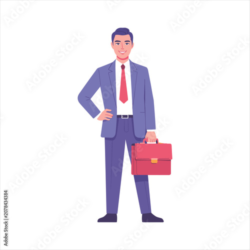 Professional Businessman Holding Briefcase Standing in Formal Suit Flat Vector Illustration Isolated on White Background
